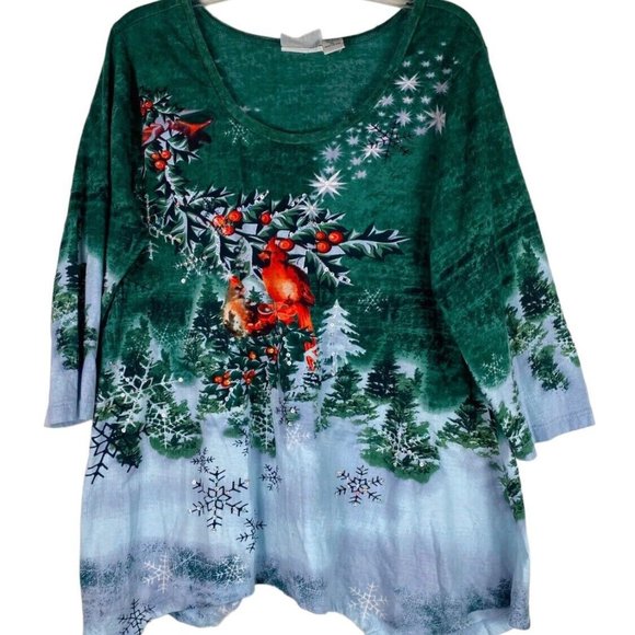 Collections Etc. XL 14 16 Top Tunic Shirt Cardinal Christmas Holiday Winter Snow - Picture 2 of 4